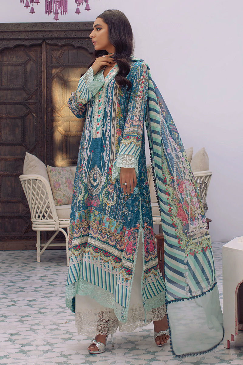Pakistani Teal Blue Digital Printed Salwar Kameez (3-Piece) - Image 4