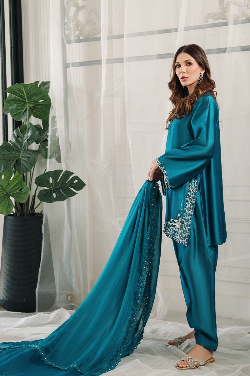 Pakistani Teal Swarovski Sheesha Silk Salwar Kameez (3-Piece) - Image 3
