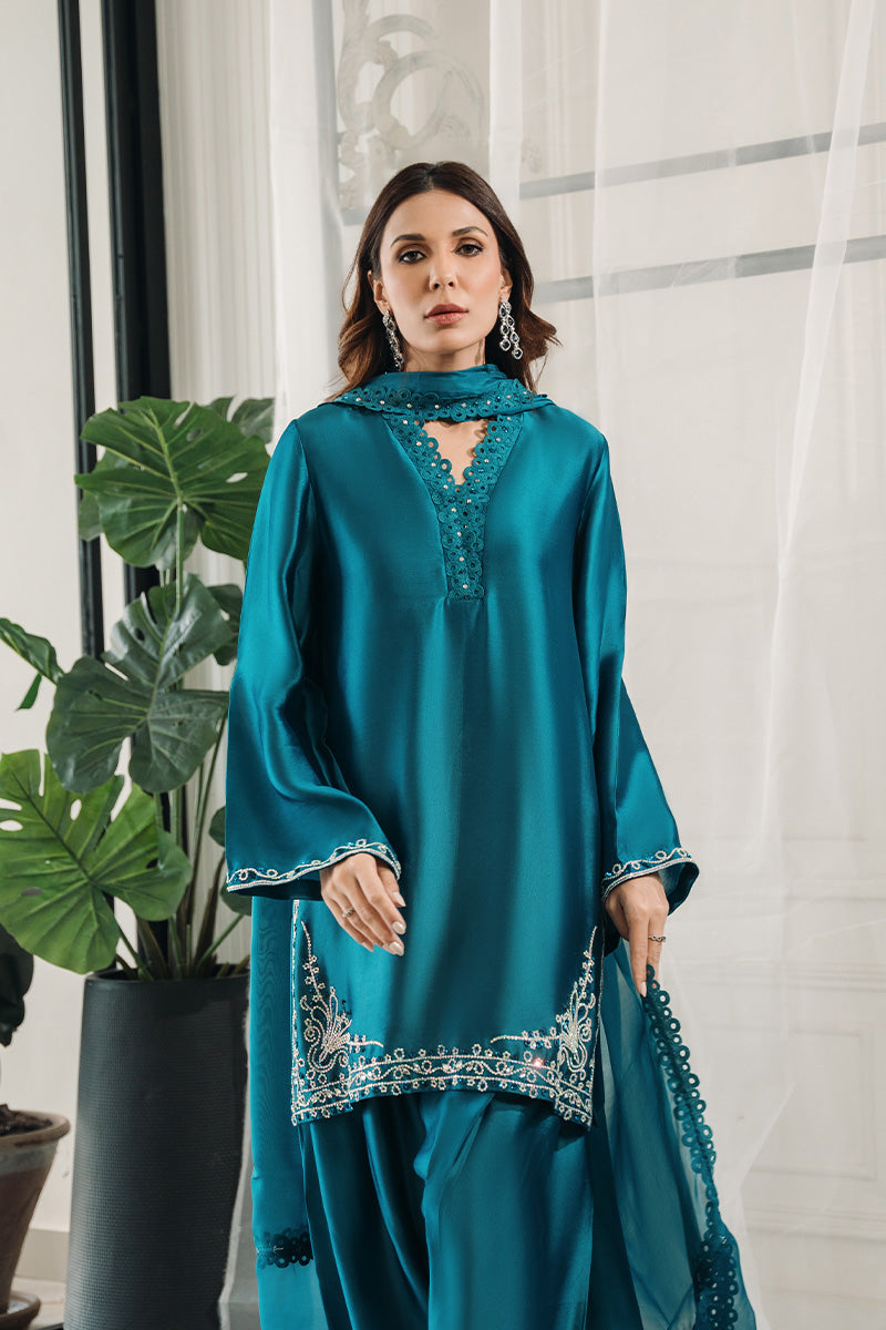 Pakistani Teal Swarovski Sheesha Silk Salwar Kameez (3-Piece) - Image 4