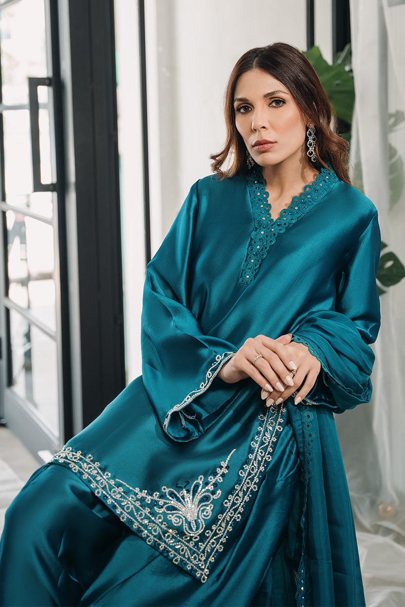 Pakistani Teal Swarovski Sheesha Silk Salwar Kameez (3-Piece) - Image 7