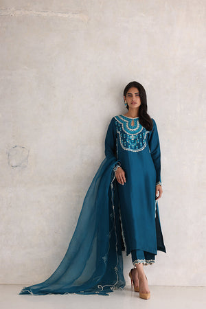 Pakistani Teal Aari Embroidered Silk Salwar Kameez (3-Piece) - Image 1