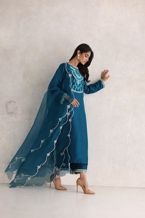 Pakistani Teal Aari Embroidered Silk Salwar Kameez (3-Piece) - Image 2