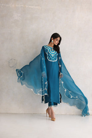 Pakistani Teal Aari Embroidered Silk Salwar Kameez (3-Piece) - Image 3