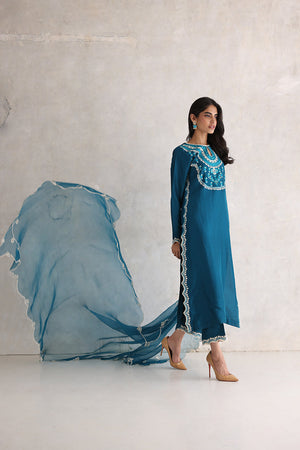 Pakistani Teal Aari Embroidered Silk Salwar Kameez (3-Piece) - Image 4