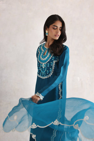Pakistani Teal Aari Embroidered Silk Salwar Kameez (3-Piece) - Image 5