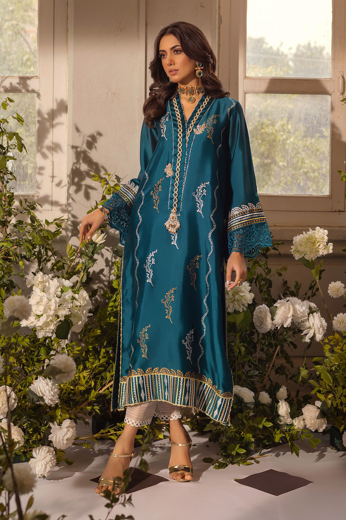 Pakistani Deep Teal Zardozi Silk Canvas Salwar Kameez (2-Piece) - Image 1
