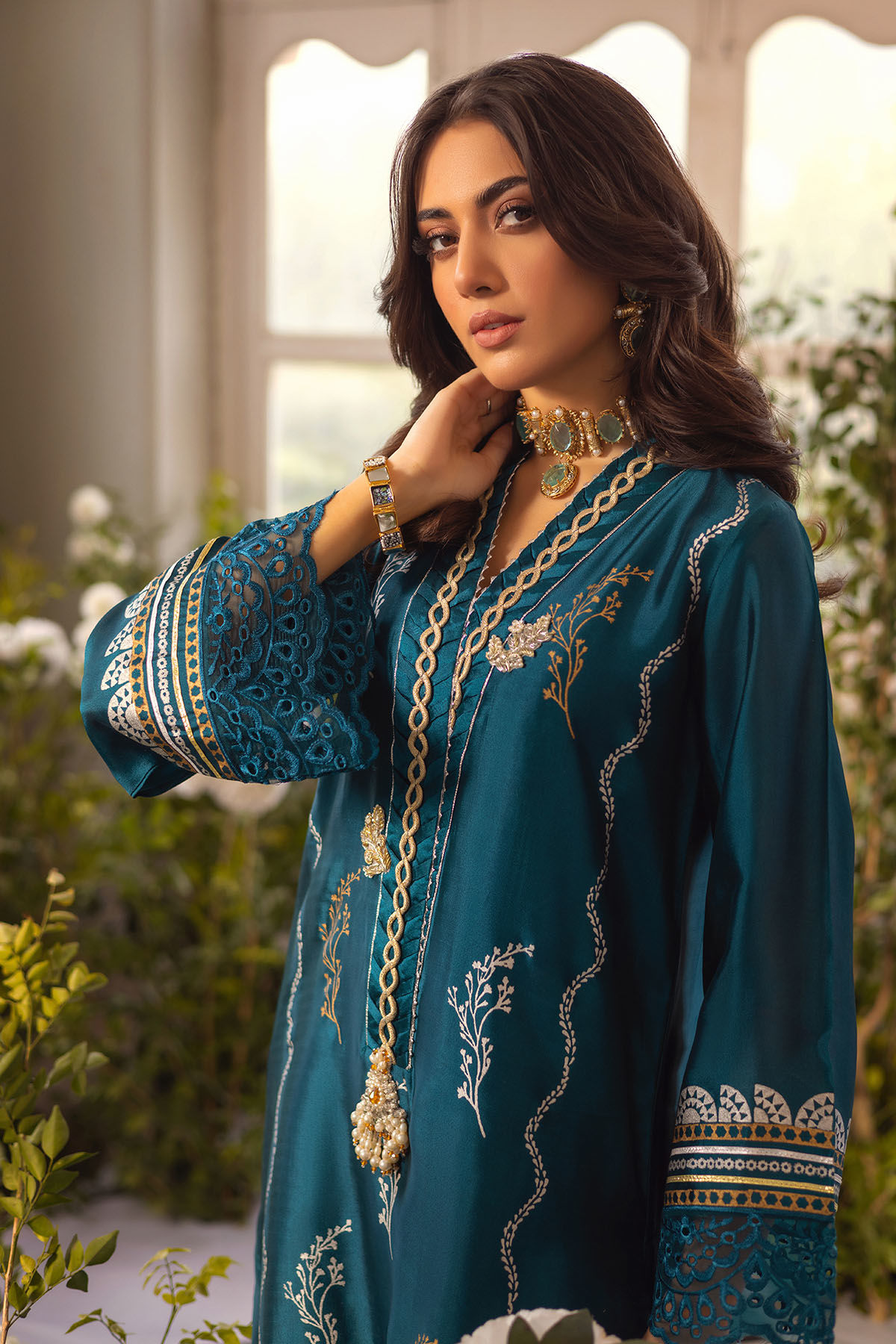 Pakistani Deep Teal Zardozi Silk Canvas Salwar Kameez (2-Piece) - Image 2