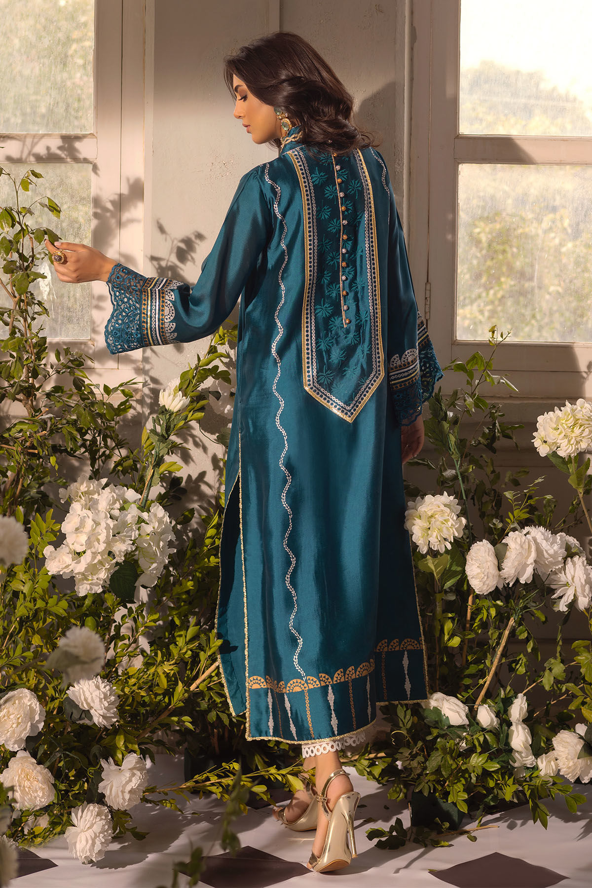 Pakistani Deep Teal Zardozi Silk Canvas Salwar Kameez (2-Piece) - Image 3