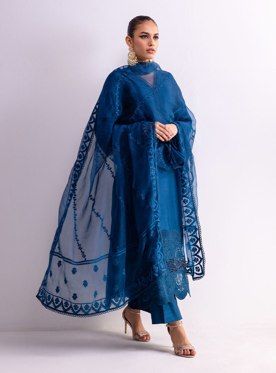 Teal Cutwork Embroidered Silk & Organza Salwar Kameez (3-Piece) - Image 1