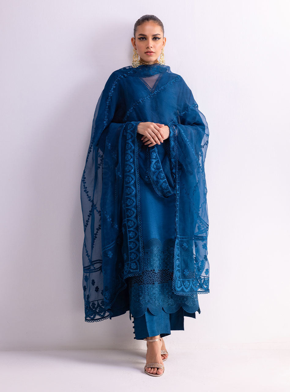 Teal Cutwork Embroidered Silk & Organza Salwar Kameez (3-Piece) - Image 2