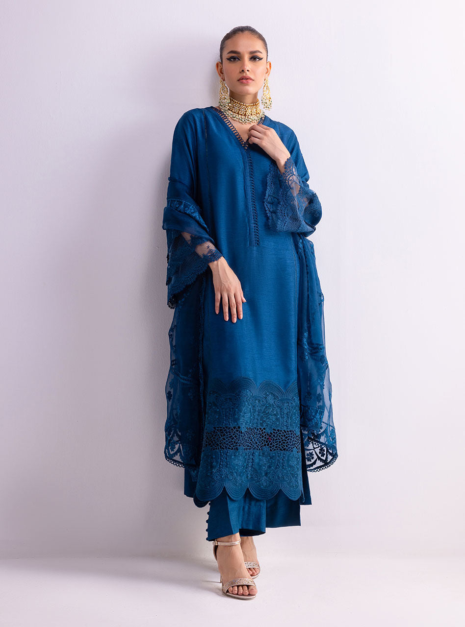 Teal Cutwork Embroidered Silk & Organza Salwar Kameez (3-Piece) - Image 4