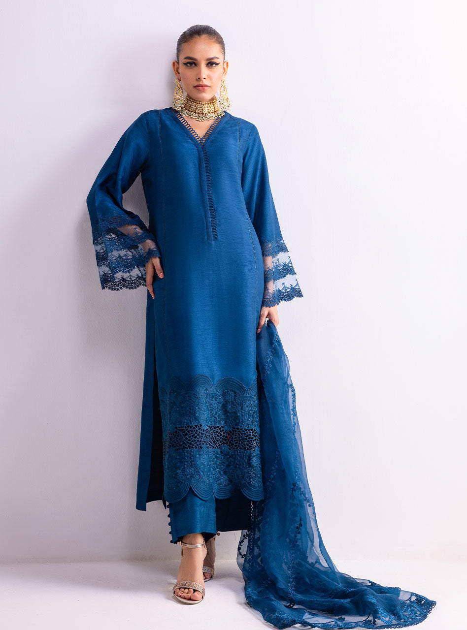 Teal Cutwork Embroidered Silk & Organza Salwar Kameez (3-Piece) - Image 5