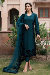 Teal Green Velvet Appliqué Silk Salwar Kameez (3-Piece) - Image 3