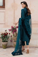Teal Green Velvet Appliqué Silk Salwar Kameez (3-Piece) - Image 6