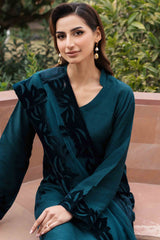 Teal Green Velvet Appliqué Silk Salwar Kameez (3-Piece) - Image 7