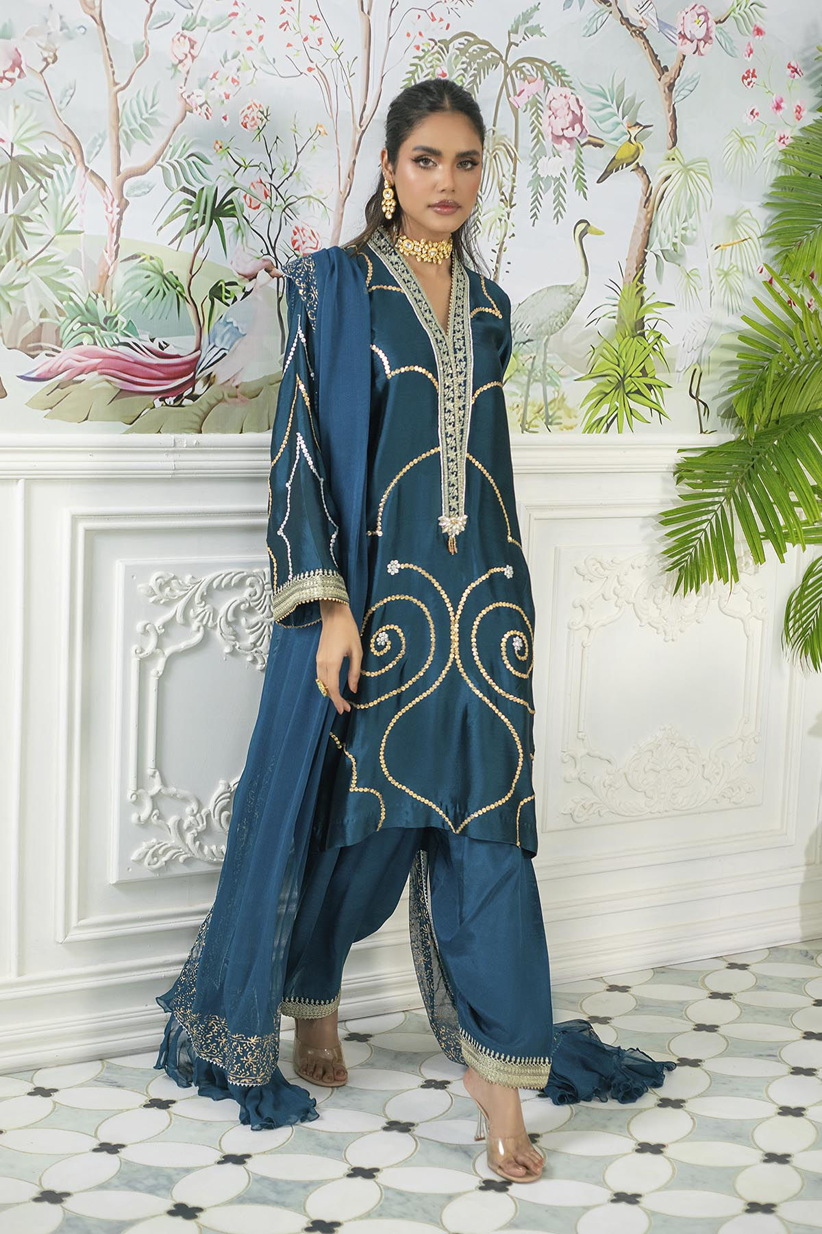 Deep Teal Zari & Sequin Pure Silk Salwar Kameez (3-Piece) - Image 1
