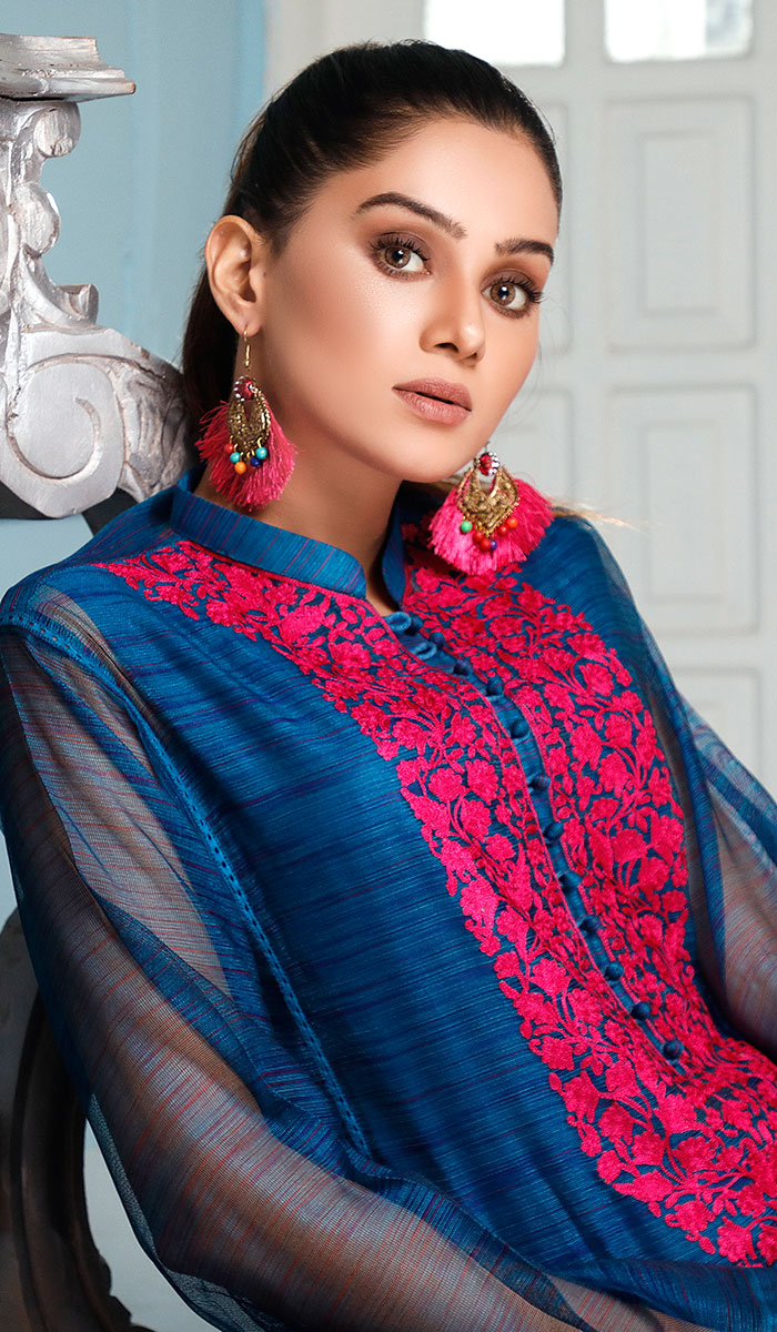 Pakistani Teal Blue Embroidered Kurta (1-Pc) - Image 1