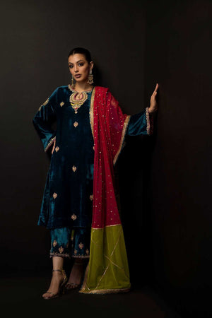 Teal Embroidered Velvet Salwar Kameez (3-Piece) - Image 1