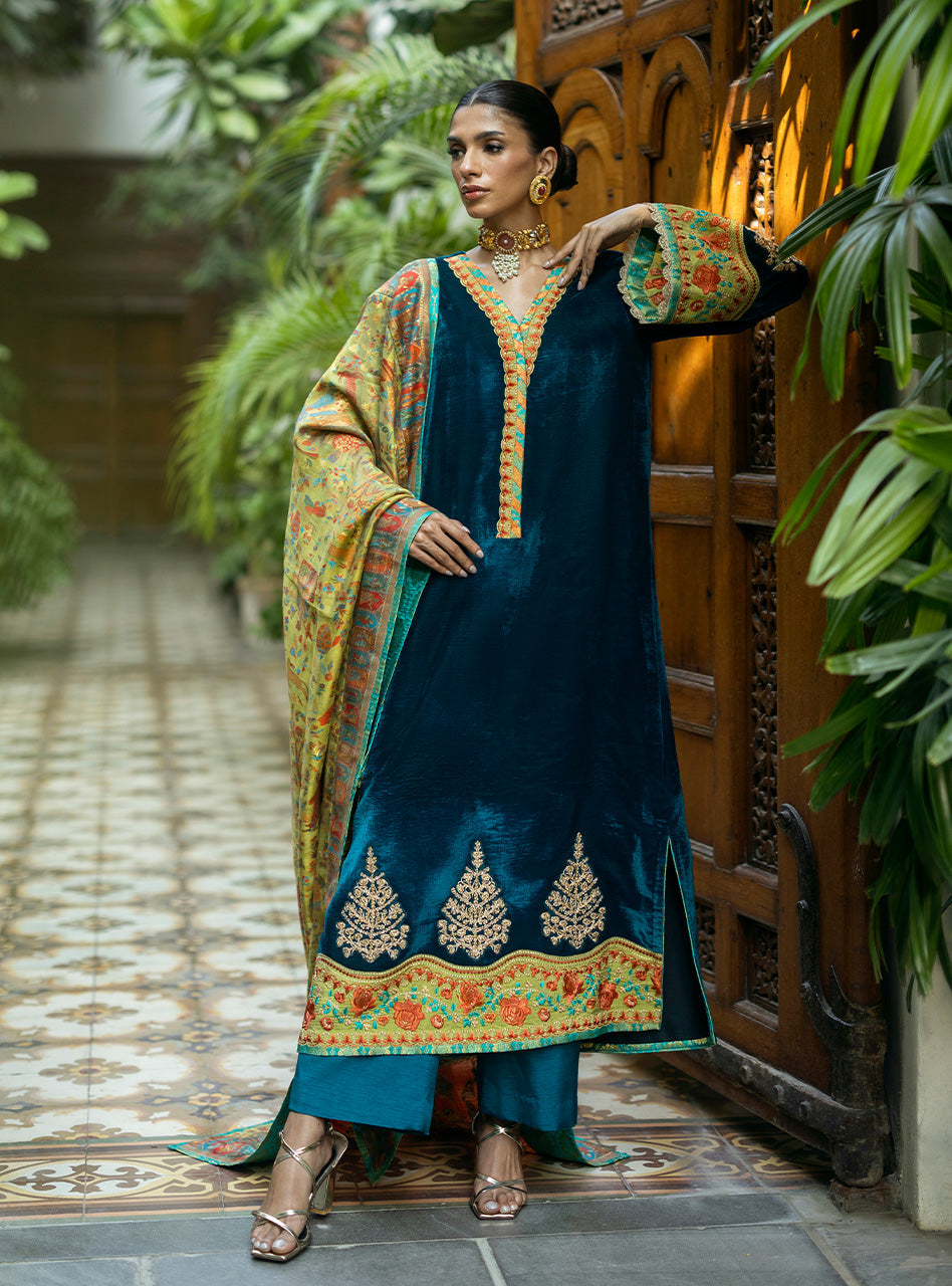Pakistani Teal Embroidered Velvet Salwar Kameez (3-Piece) - Image 1