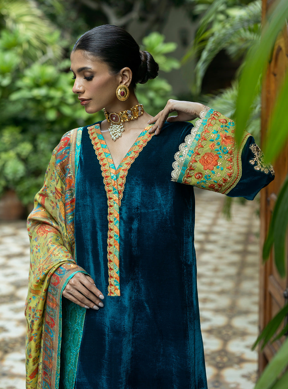 Pakistani Teal Embroidered Velvet Salwar Kameez (3-Piece) - Image 2