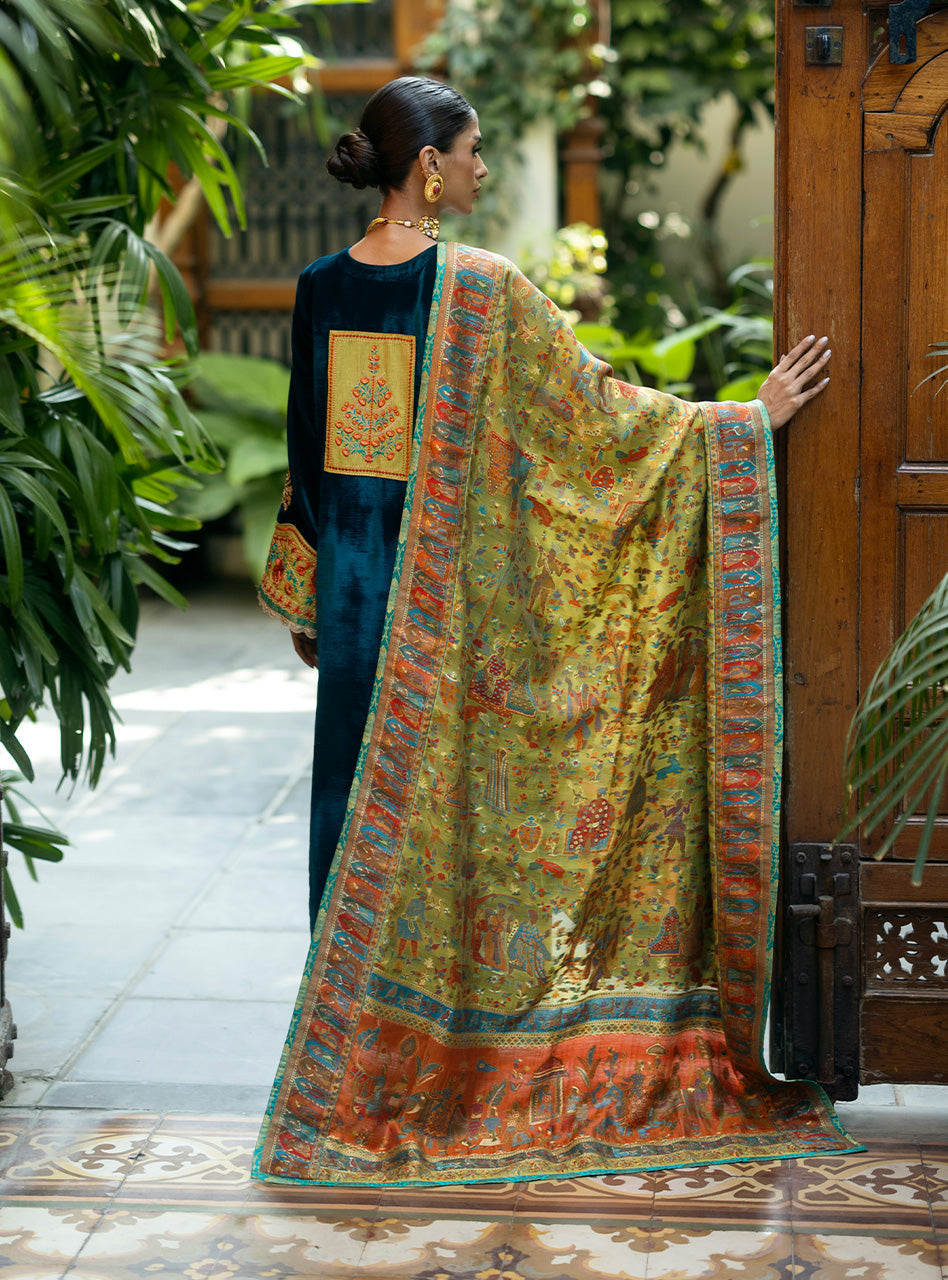 Pakistani Teal Embroidered Velvet Salwar Kameez (3-Piece) - Image 3