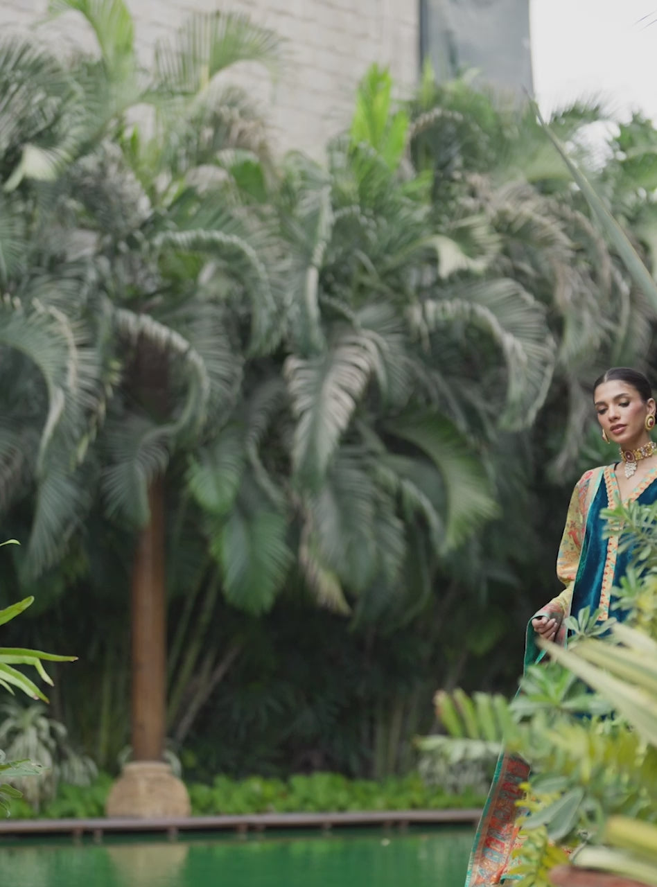 Pakistani Teal Embroidered Velvet Salwar Kameez (3-Piece) - Image 4