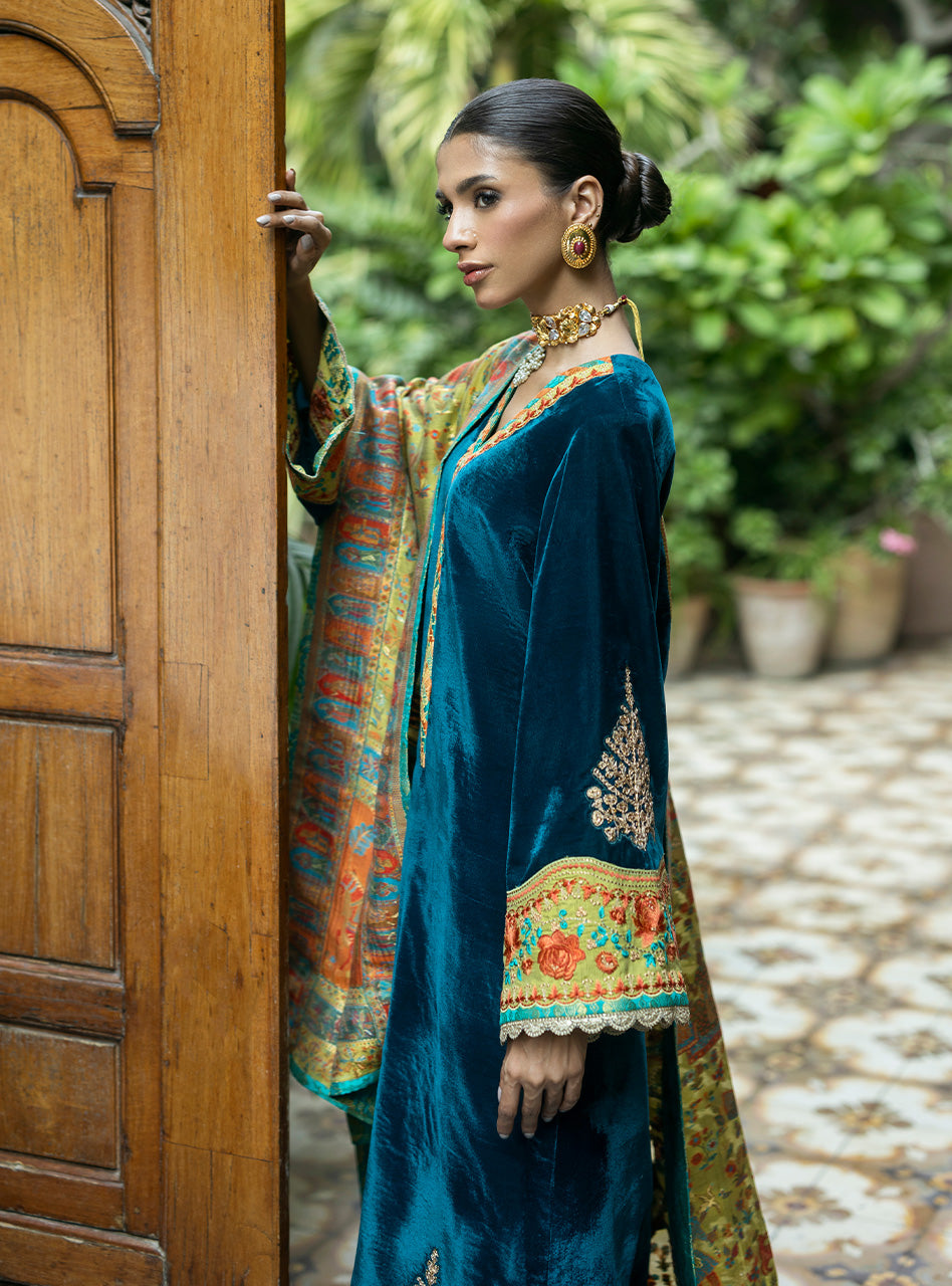 Pakistani Teal Embroidered Velvet Salwar Kameez (3-Piece) - Image 5