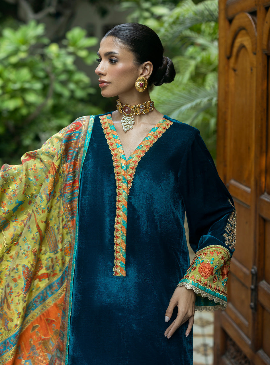 Pakistani Teal Embroidered Velvet Salwar Kameez (3-Piece) - Image 6