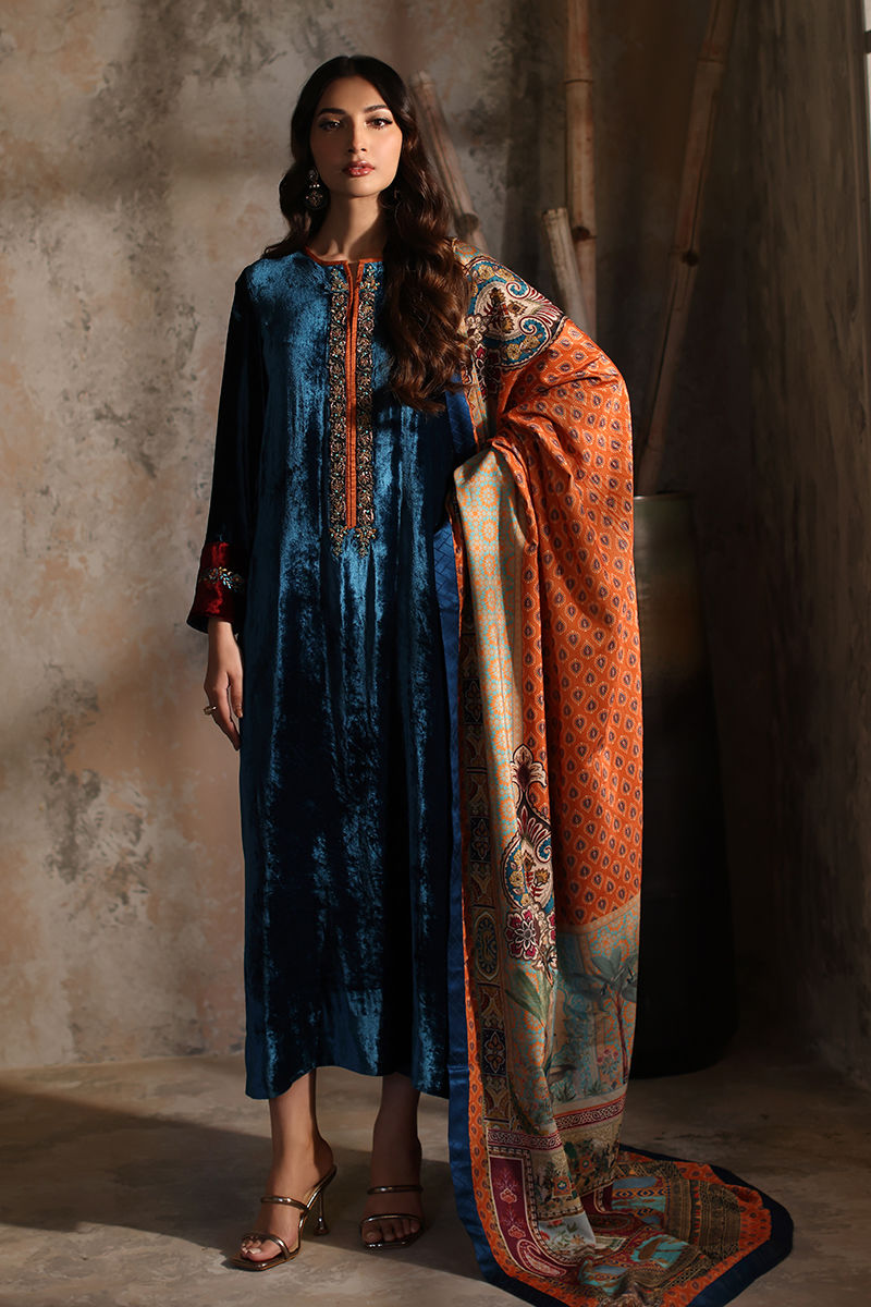 Pakistani Teal Blue Embroidered Velvet Salwar Kameez (3-Piece) - Image 1
