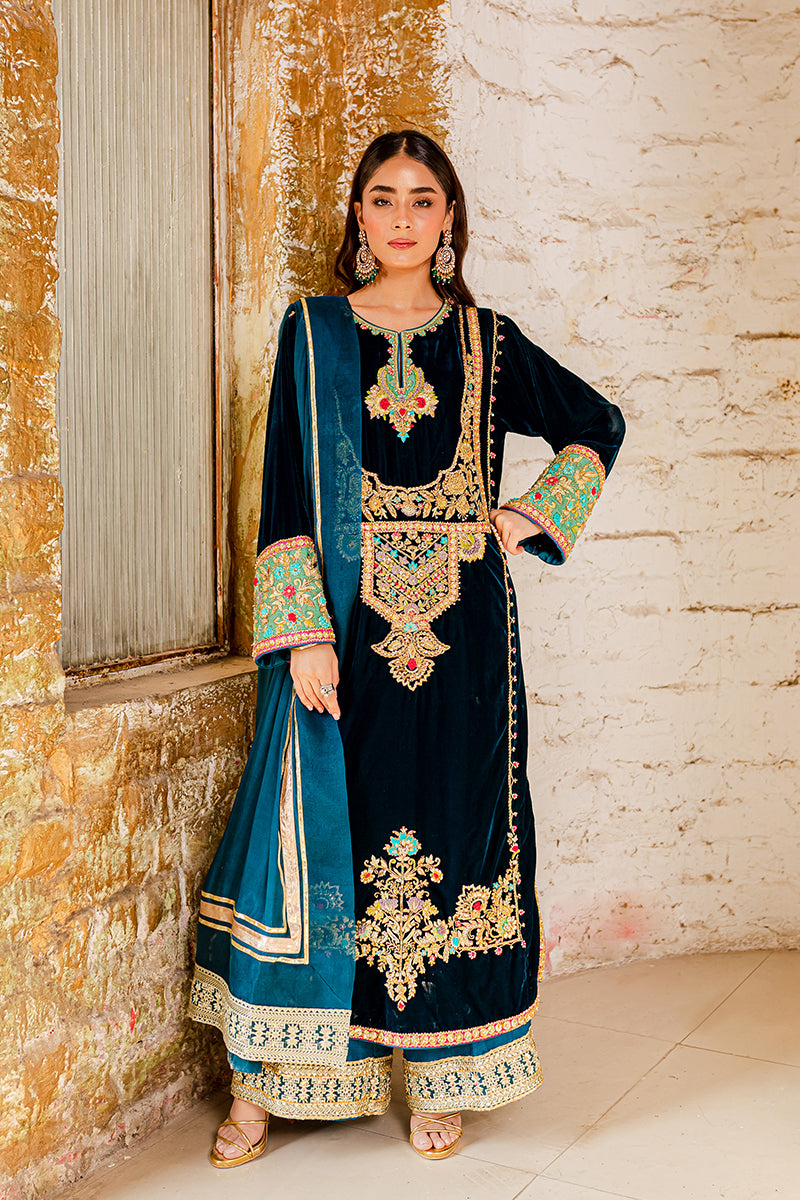 Teal Embroidered Velvet Salwar Kameez (3-Piece) - Image 1