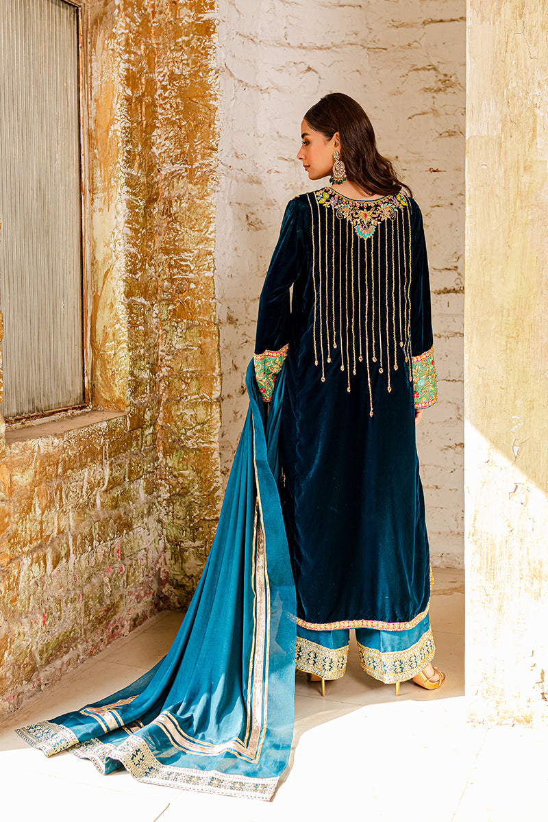 Teal Embroidered Velvet Salwar Kameez (3-Piece) - Image 2