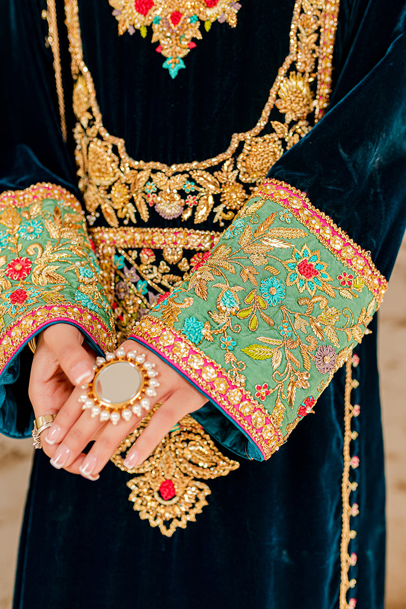 Teal Embroidered Velvet Salwar Kameez (3-Piece) - Image 3