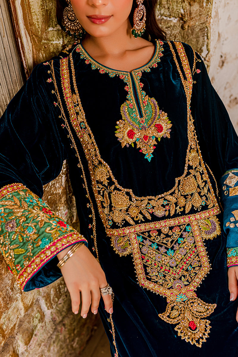 Teal Embroidered Velvet Salwar Kameez (3-Piece) - Image 5