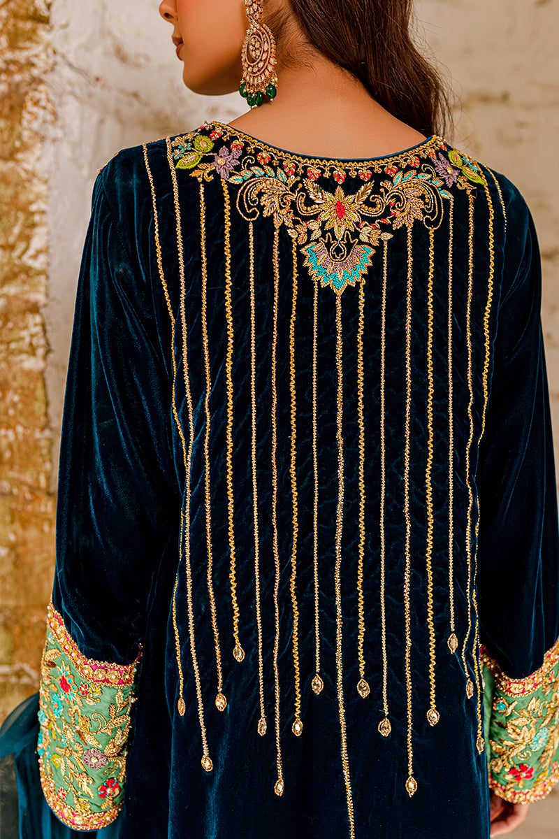 Teal Embroidered Velvet Salwar Kameez (3-Piece) - Image 6
