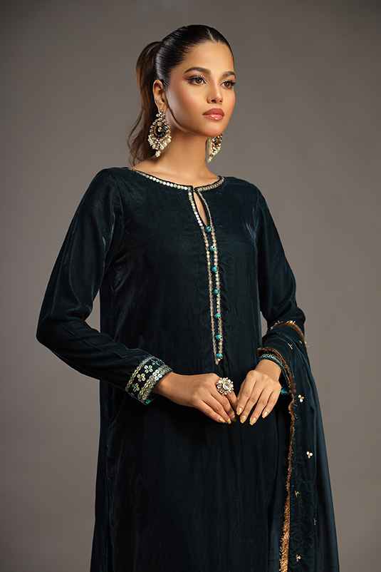 Teal Embroidered Velvet Salwar Kameez (3-Piece) - Image 4