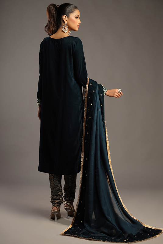 Teal Embroidered Velvet Salwar Kameez (3-Piece) - Image 6