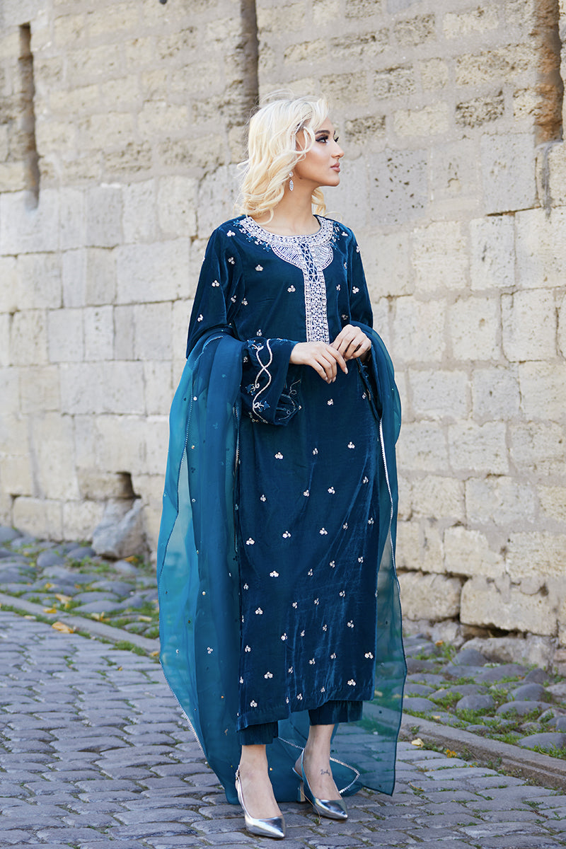 Teal Embellished Velvet & Raw Silk Salwar Kameez (3-Piece) - Image 1