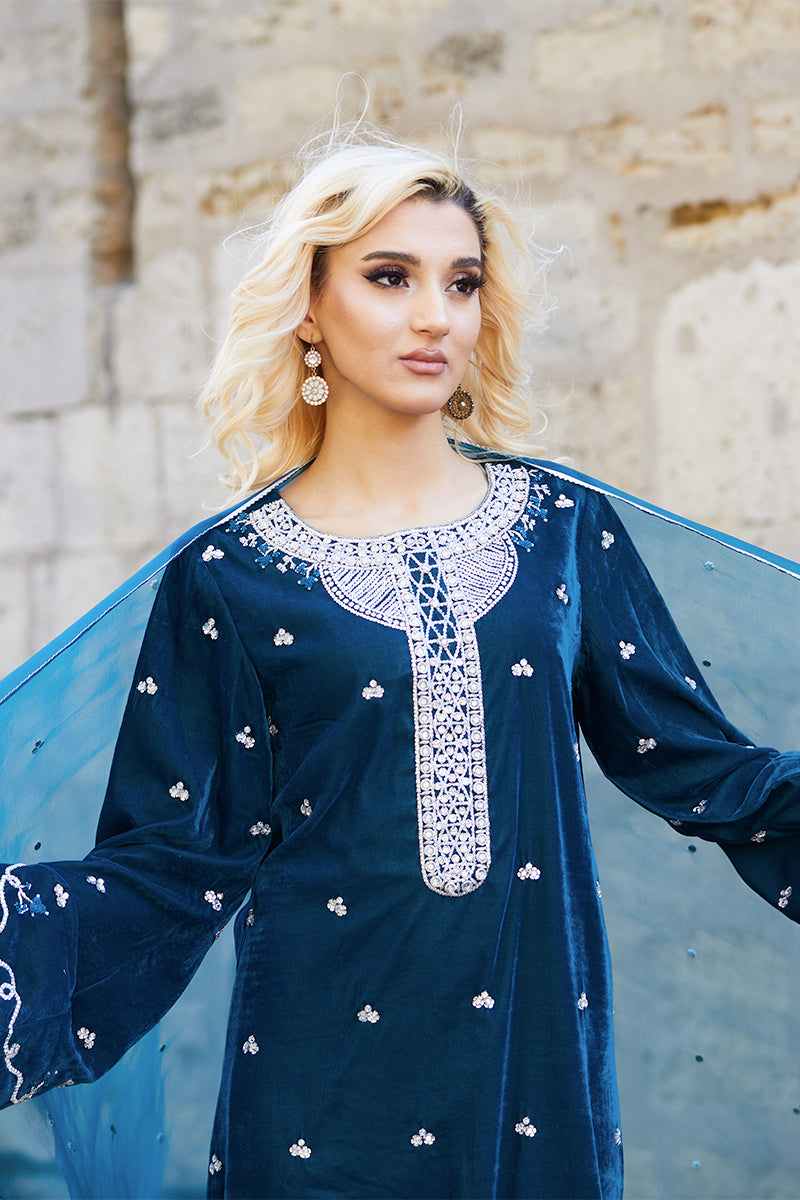 Teal Embellished Velvet & Raw Silk Salwar Kameez (3-Piece) - Image 11