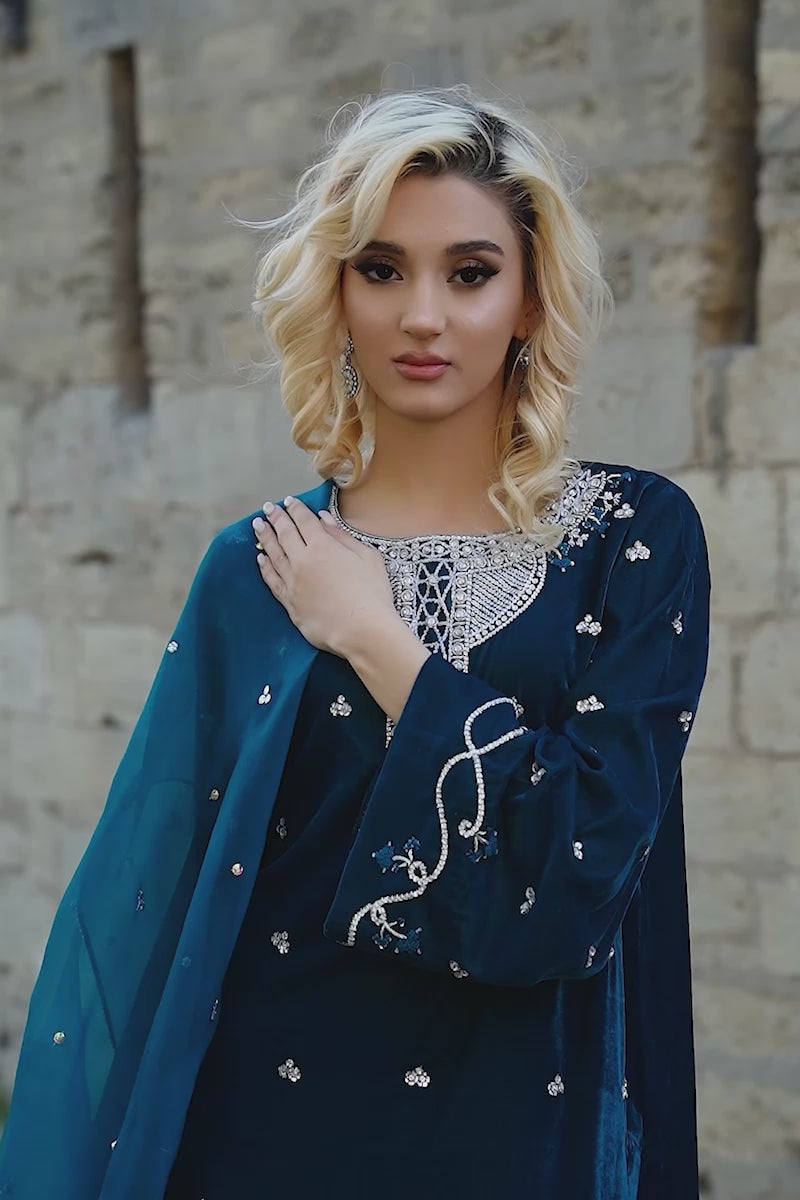 Teal Embellished Velvet & Raw Silk Salwar Kameez (3-Piece) - Image 12