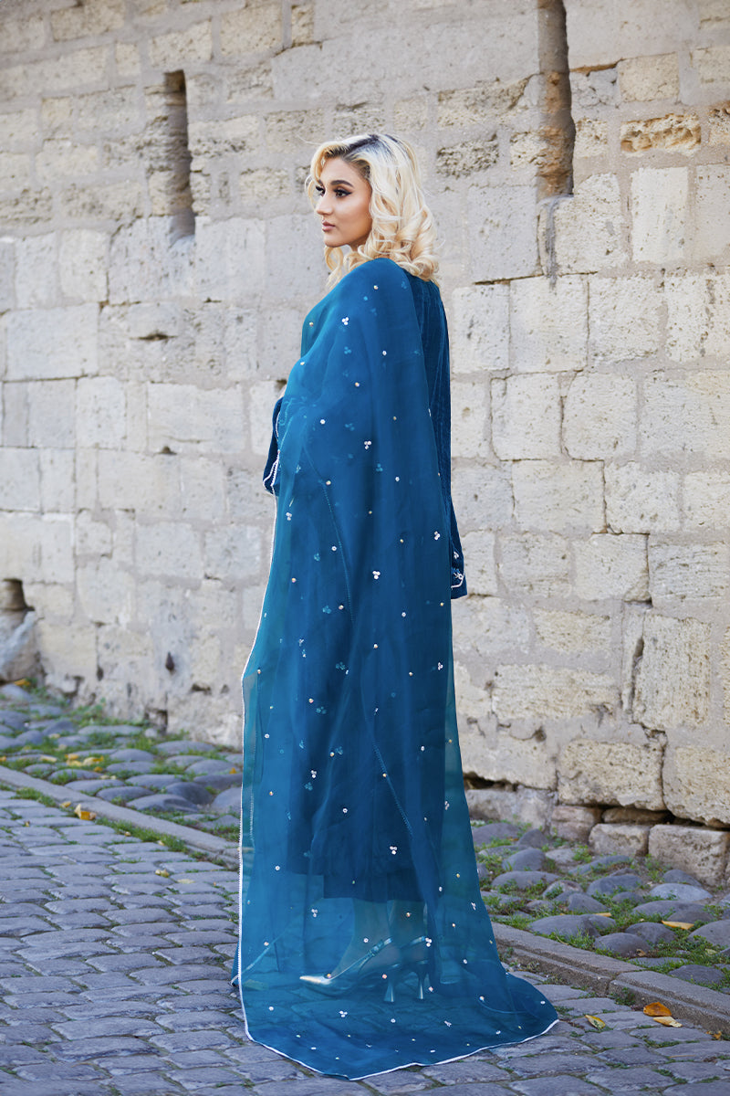 Teal Embellished Velvet & Raw Silk Salwar Kameez (3-Piece) - Image 4