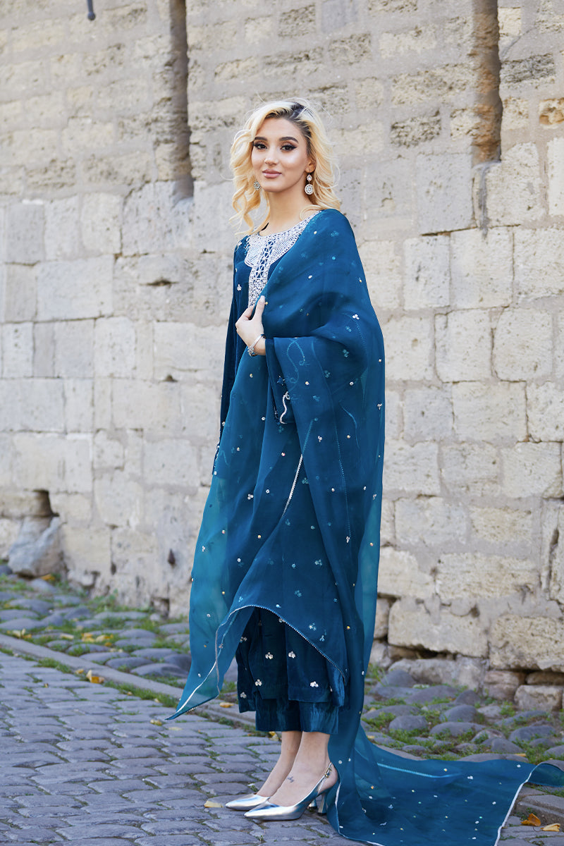 Teal Embellished Velvet & Raw Silk Salwar Kameez (3-Piece) - Image 6