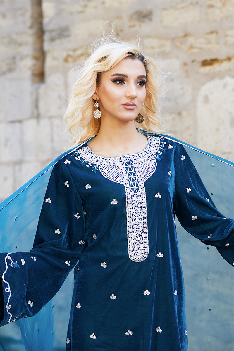 Teal Embellished Velvet & Raw Silk Salwar Kameez (3-Piece) - Image 9