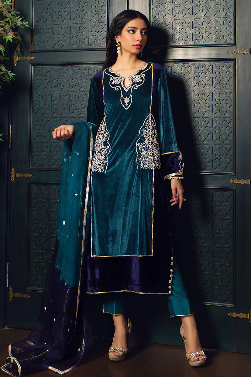 Teal & Navy Embroidered Velvet Kali Kurta (3-Piece) - Image 1