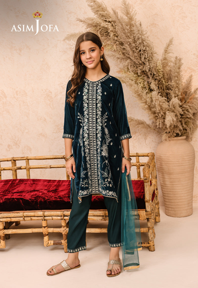 Pakistani Teal Embroidered Velvet 3-Piece Salwar Kameez - Image 1