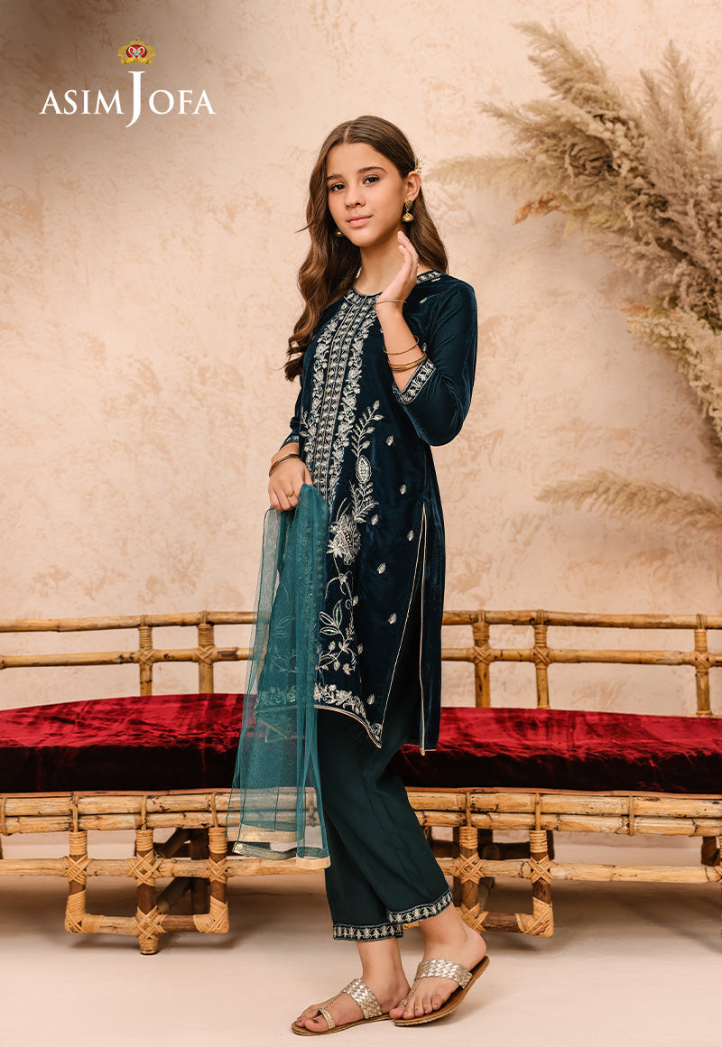 Pakistani Teal Embroidered Velvet 3-Piece Salwar Kameez - Image 2