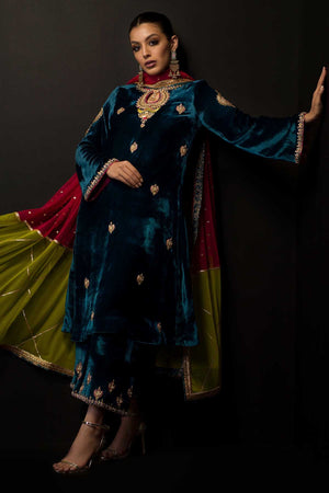 Pakistani Teal Embroidered Velvet Salwar Kameez (3-Piece) - Image 2