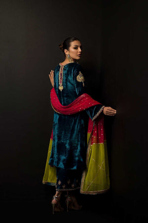 Pakistani Teal Embroidered Velvet Salwar Kameez (3-Piece) - Image 3