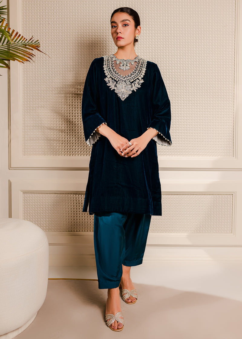 Pakistani Teal Zardozi Velvet and Silk Salwar Kameez (2-Piece) - Image 1