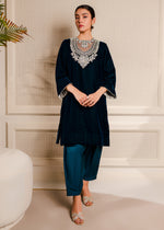 Pakistani Teal Zardozi Velvet and Silk Salwar Kameez (2-Piece) - Image 2