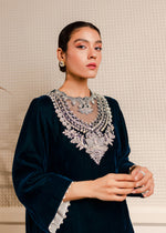 Pakistani Teal Zardozi Velvet and Silk Salwar Kameez (2-Piece) - Image 5